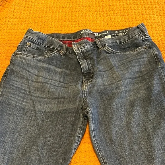 Eddie Bauer Blue Jeans with Red Plaid Flannel Lining - Picture 2 of 6